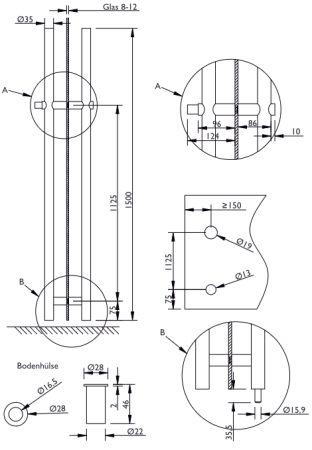 ZAKLEPALNI ROČAJ DVOJNI OKROGLI H 8000 - 1500/1125mm (E) - par